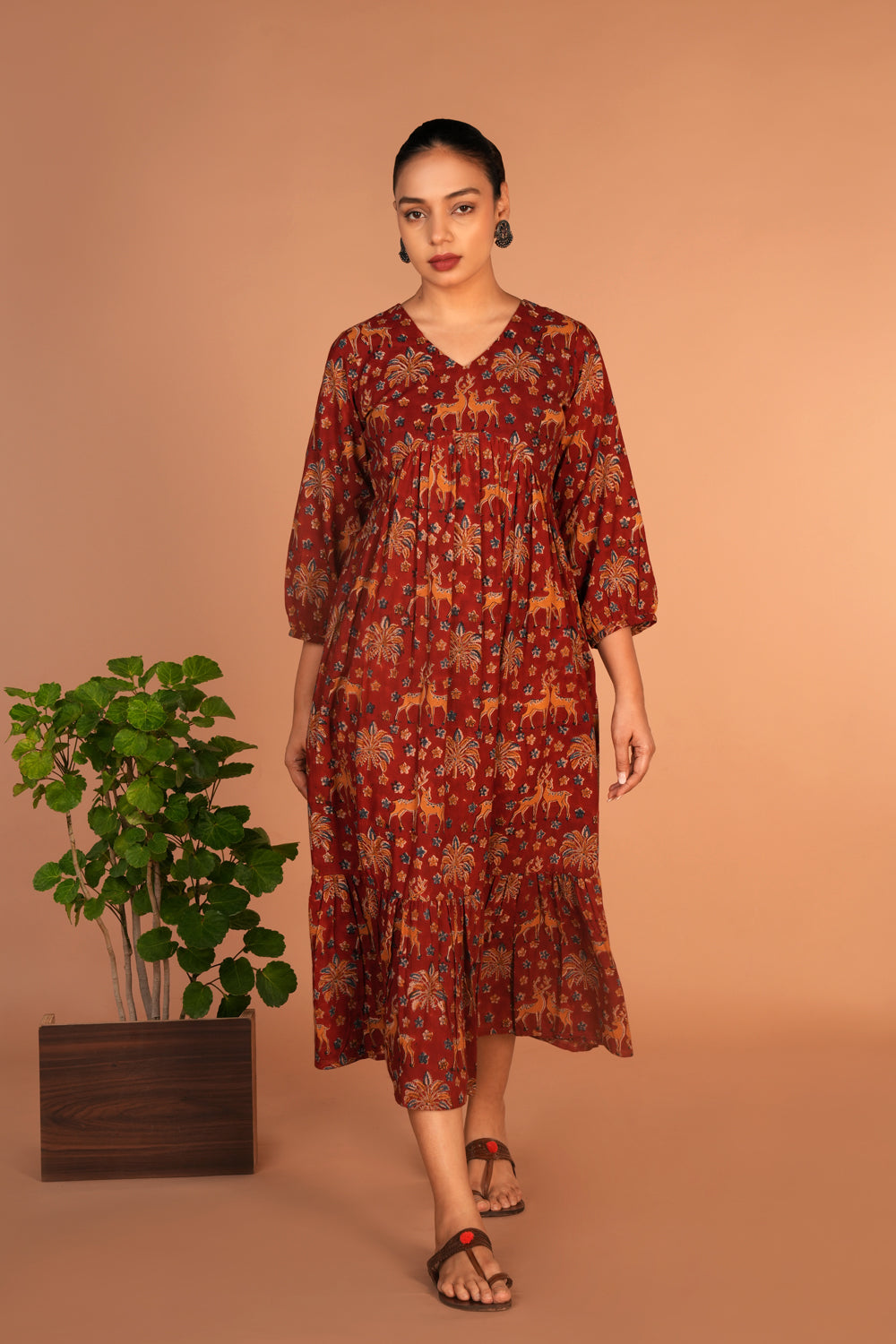 Maroon Kalamkari handblock printed dress