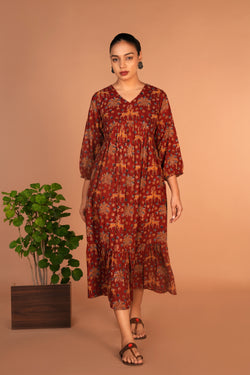 Image of Maroon Kalamkari handblock printed dress