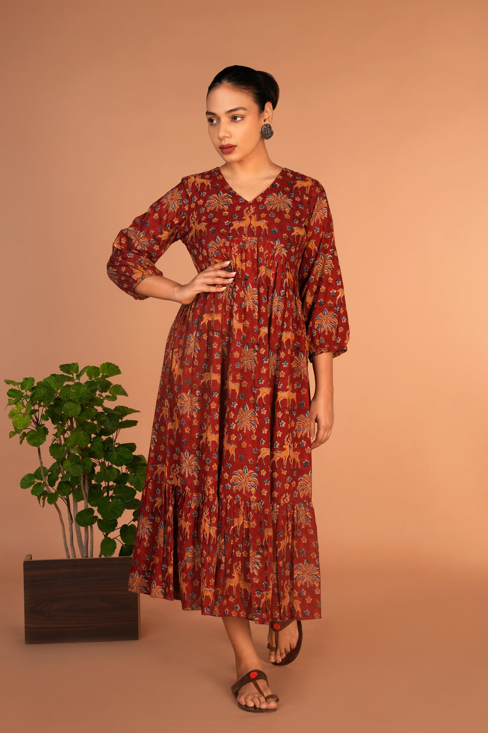 Maroon Kalamkari handblock printed dress