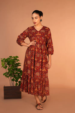 Image of Maroon Kalamkari handblock printed dress