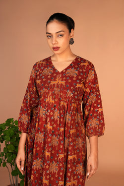 Image of Maroon Kalamkari handblock printed dress