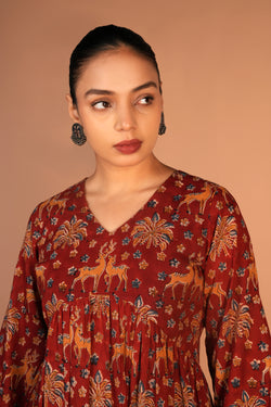 Image of Maroon Kalamkari handblock printed dress