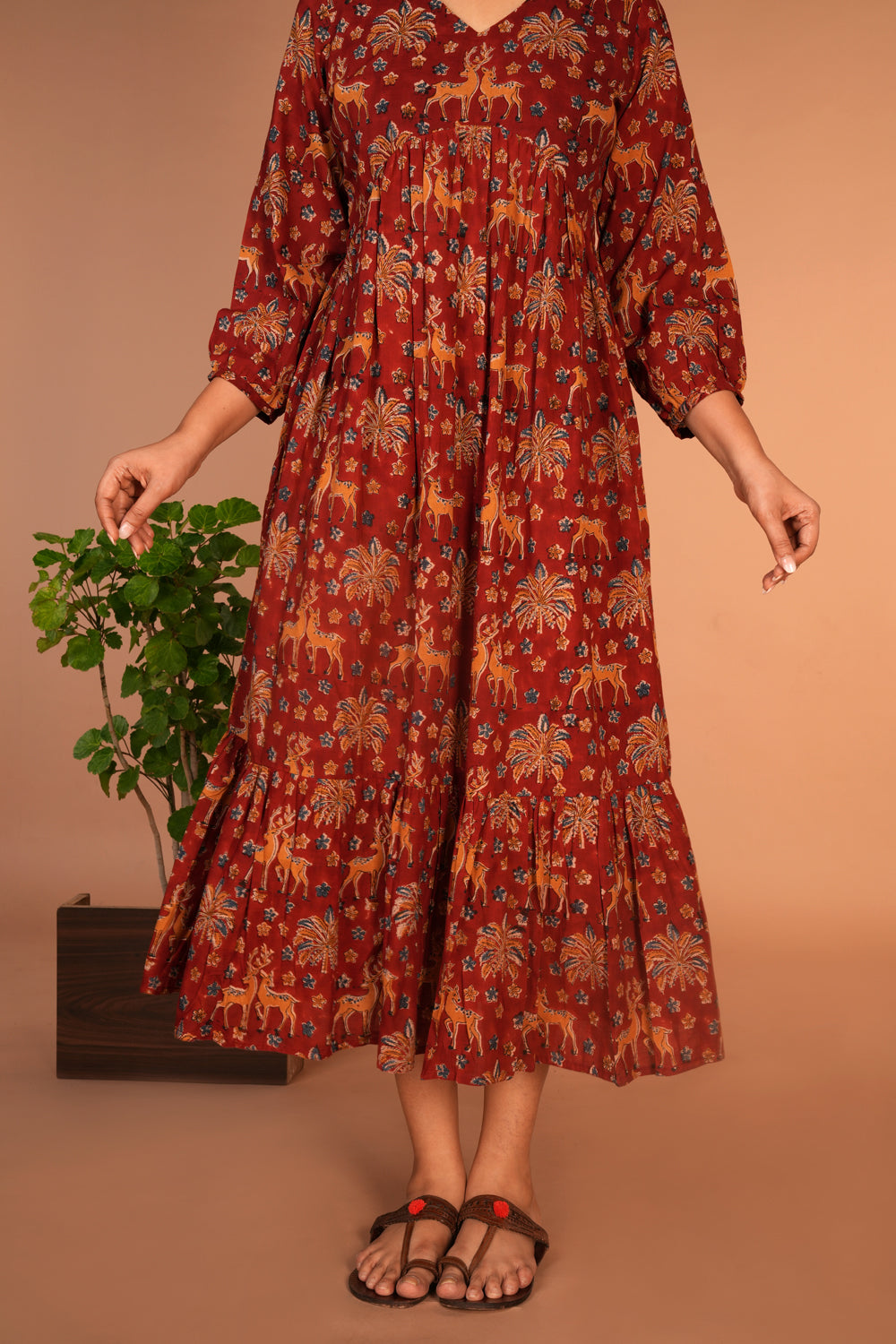 Maroon Kalamkari handblock printed dress