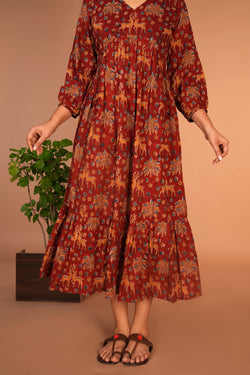 Image of Maroon Kalamkari handblock printed dress