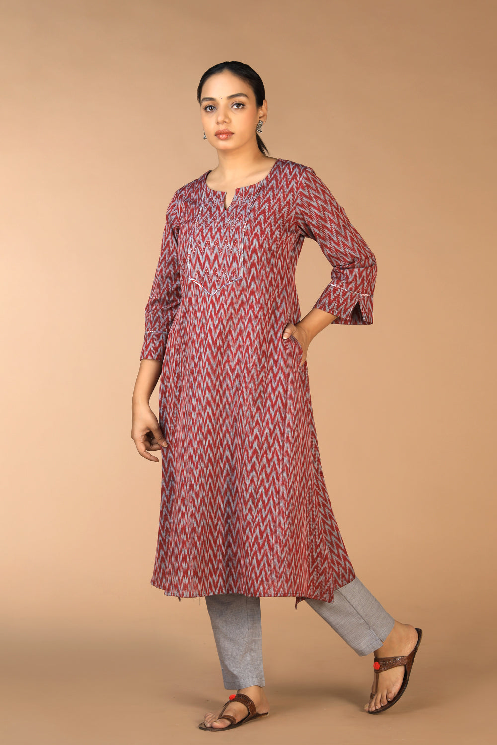 Image of Slate Magenta Cotton pochampally Ikat Kurti