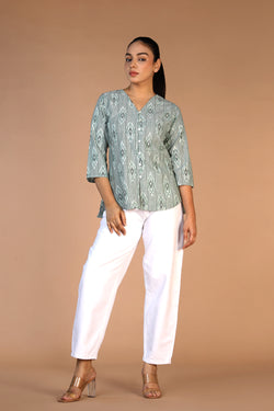 Image of Sea Green cotton Pochampally Ikat Shirt