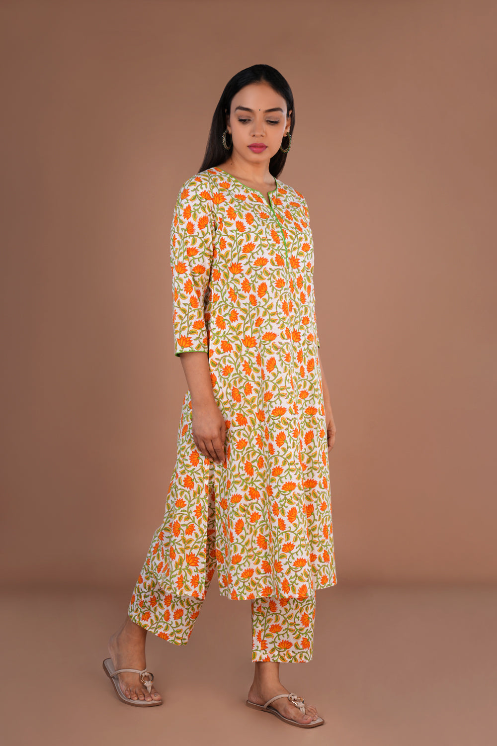 Image of Floral hand block printed cotton kurta and pants set