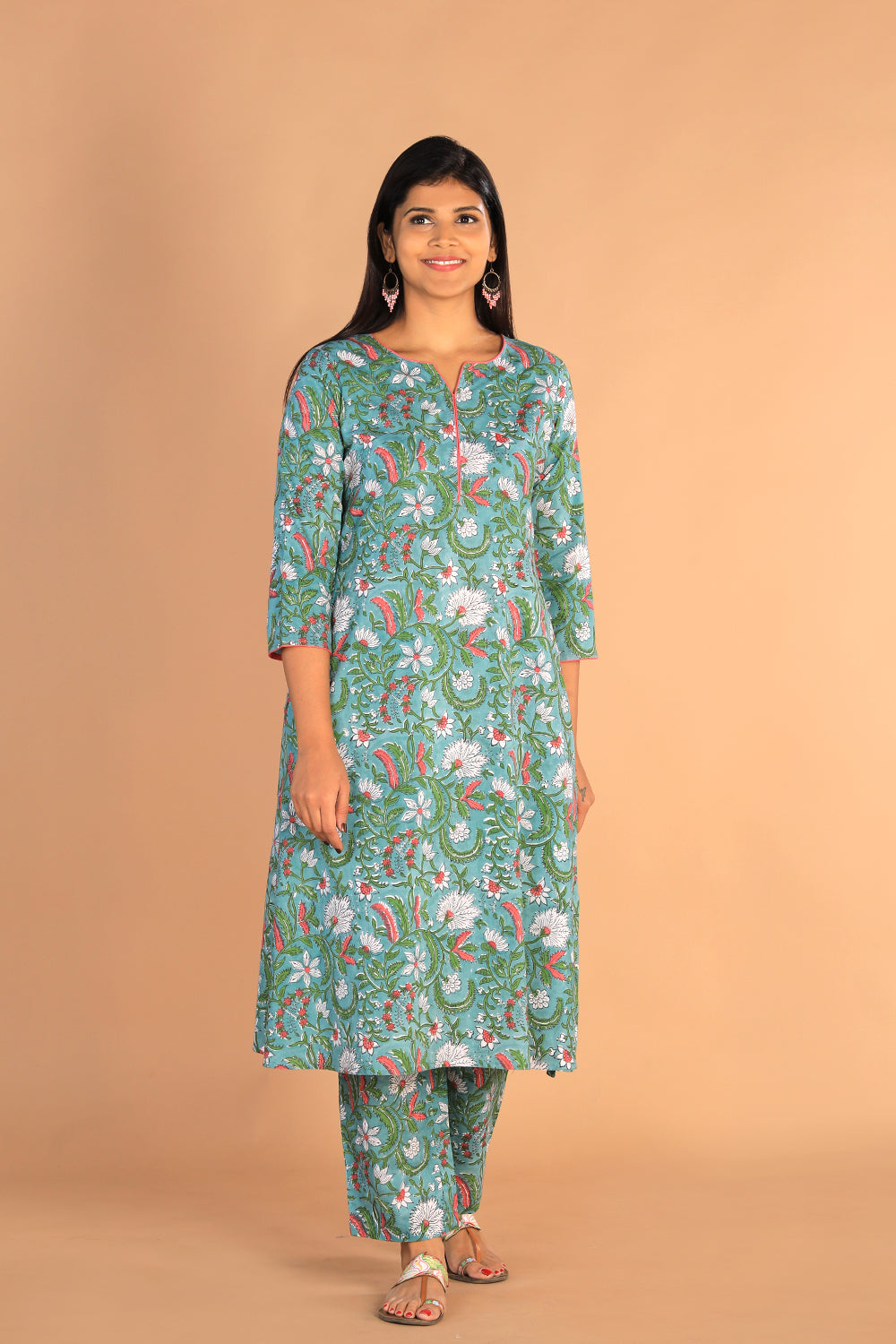 Floral Sanganeri hand block printed cotton dress