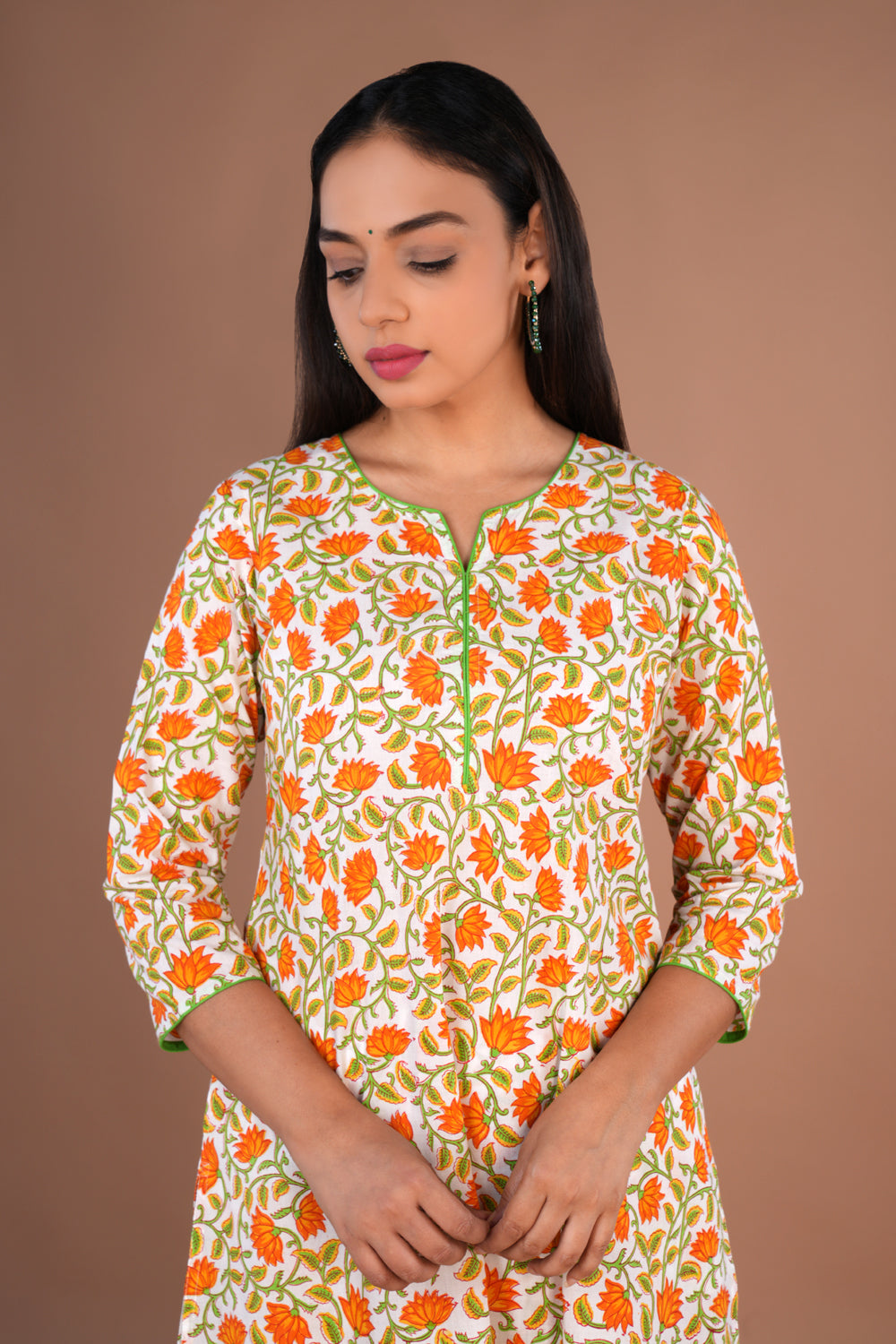 Image of Floral hand block printed cotton kurta and pants set