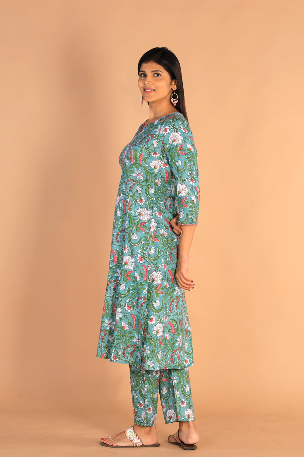 Floral Sanganeri hand block printed cotton dress