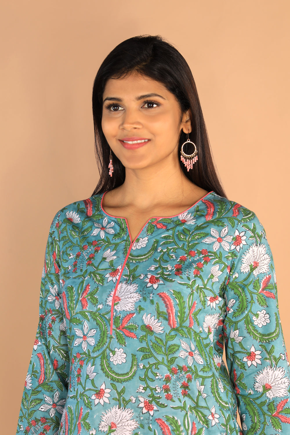 Floral Sanganeri hand block printed cotton dress