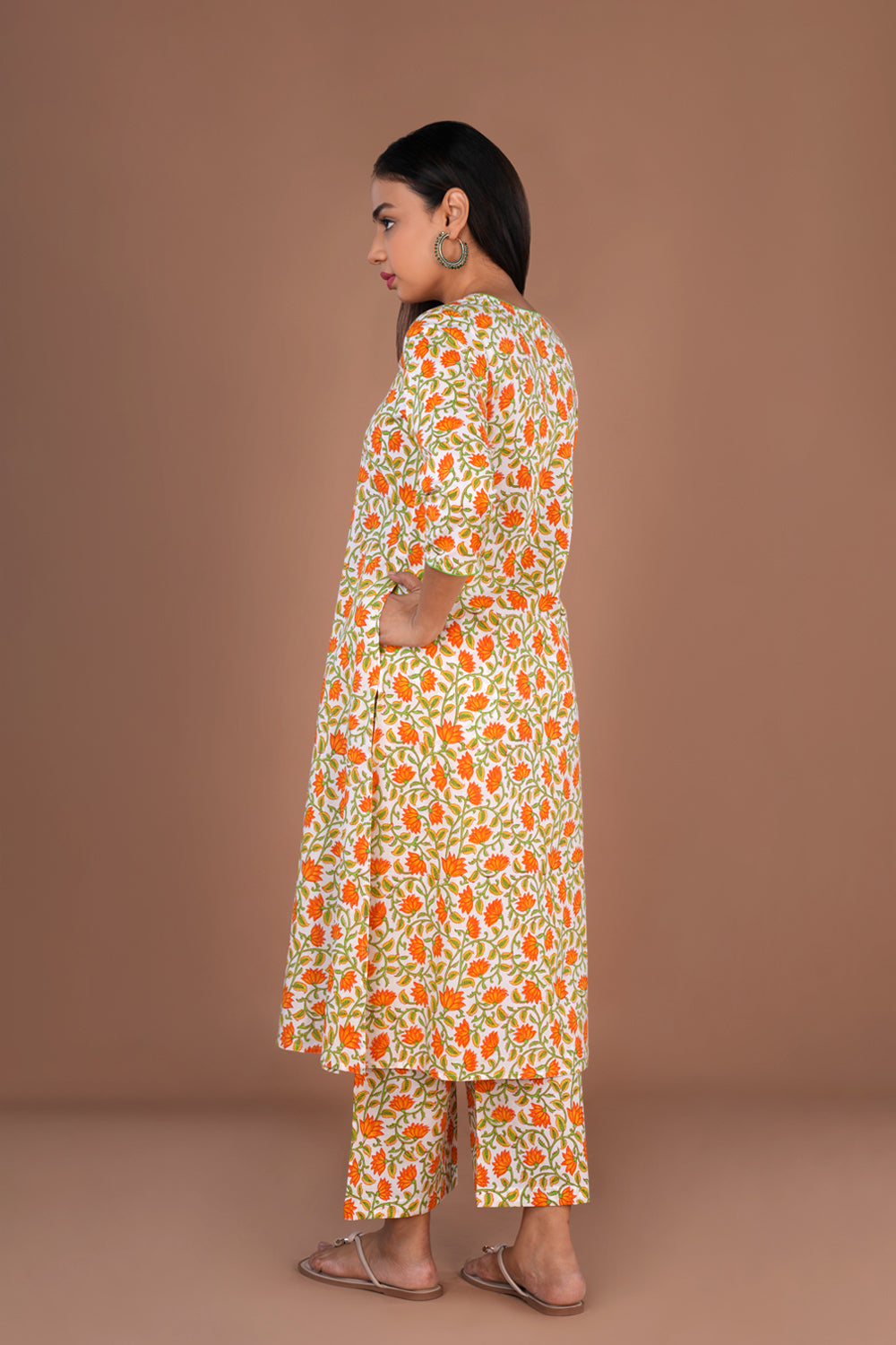 Image of Floral hand block printed cotton kurta and pants set