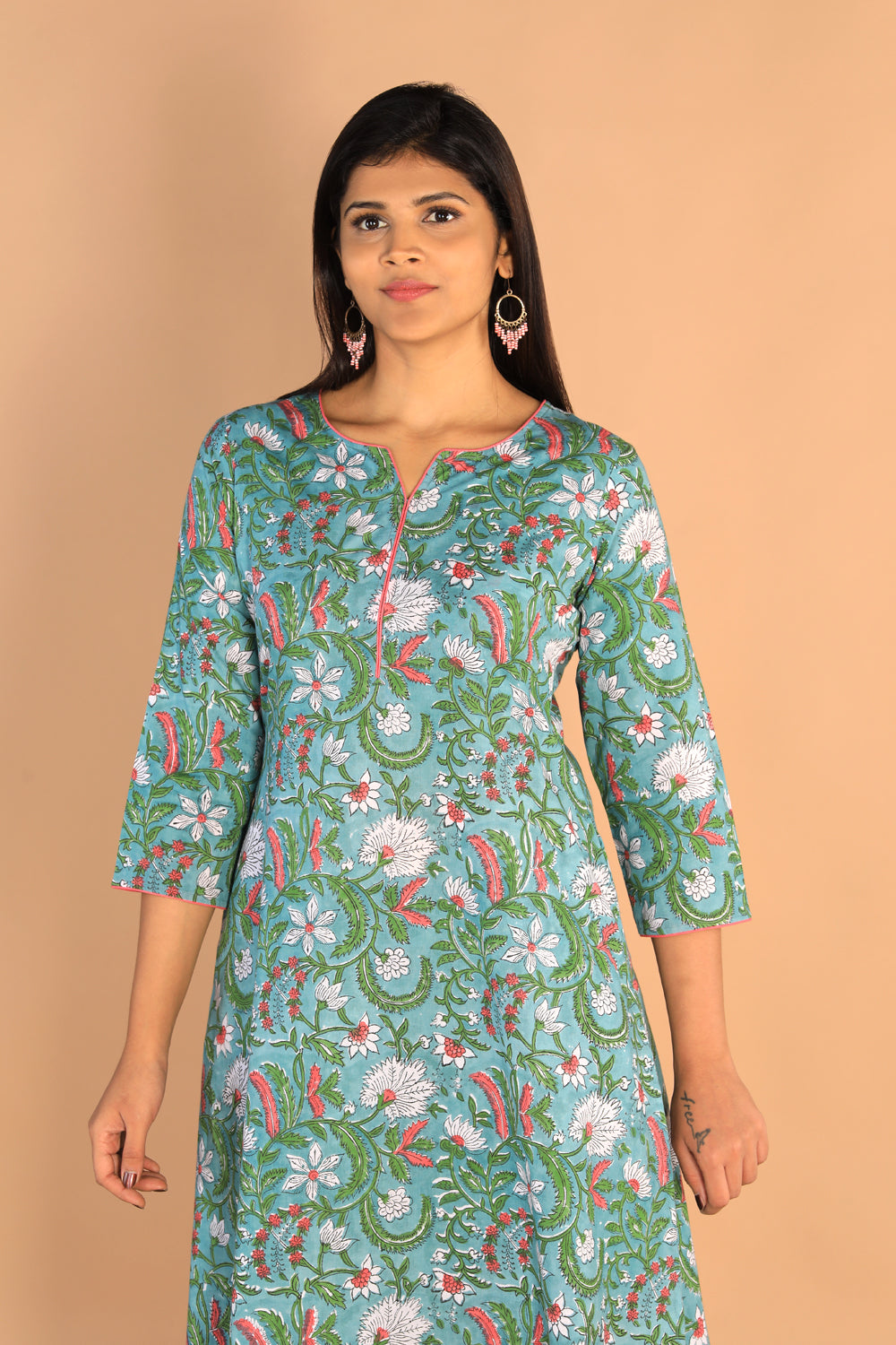 Floral Sanganeri hand block printed cotton dress