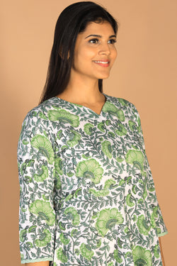 Collection of Floral Sanganeri hand block printed cotton dress in a gallery layout