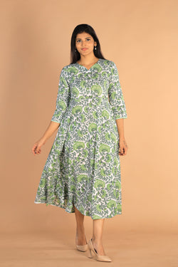 Collection of Floral Sanganeri hand block printed cotton dress in a gallery layout