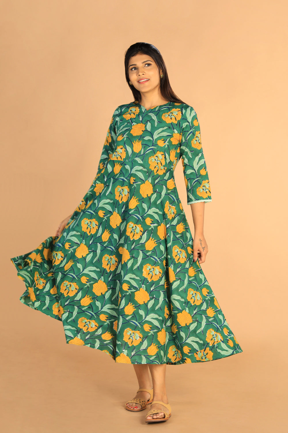 Collection of Floral Sanganeri hand block printed cotton dress in a gallery layout