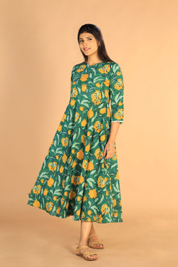 Collection of Floral Sanganeri hand block printed cotton dress in a gallery layout