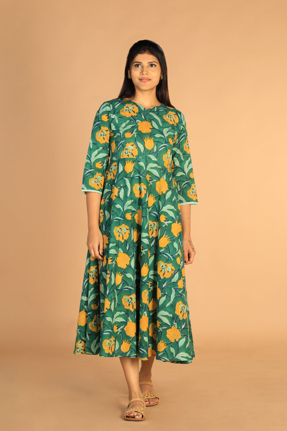 Collection of Floral Sanganeri hand block printed cotton dress in a gallery layout