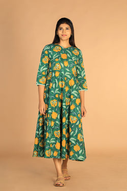 Collection of Floral Sanganeri hand block printed cotton dress in a gallery layout