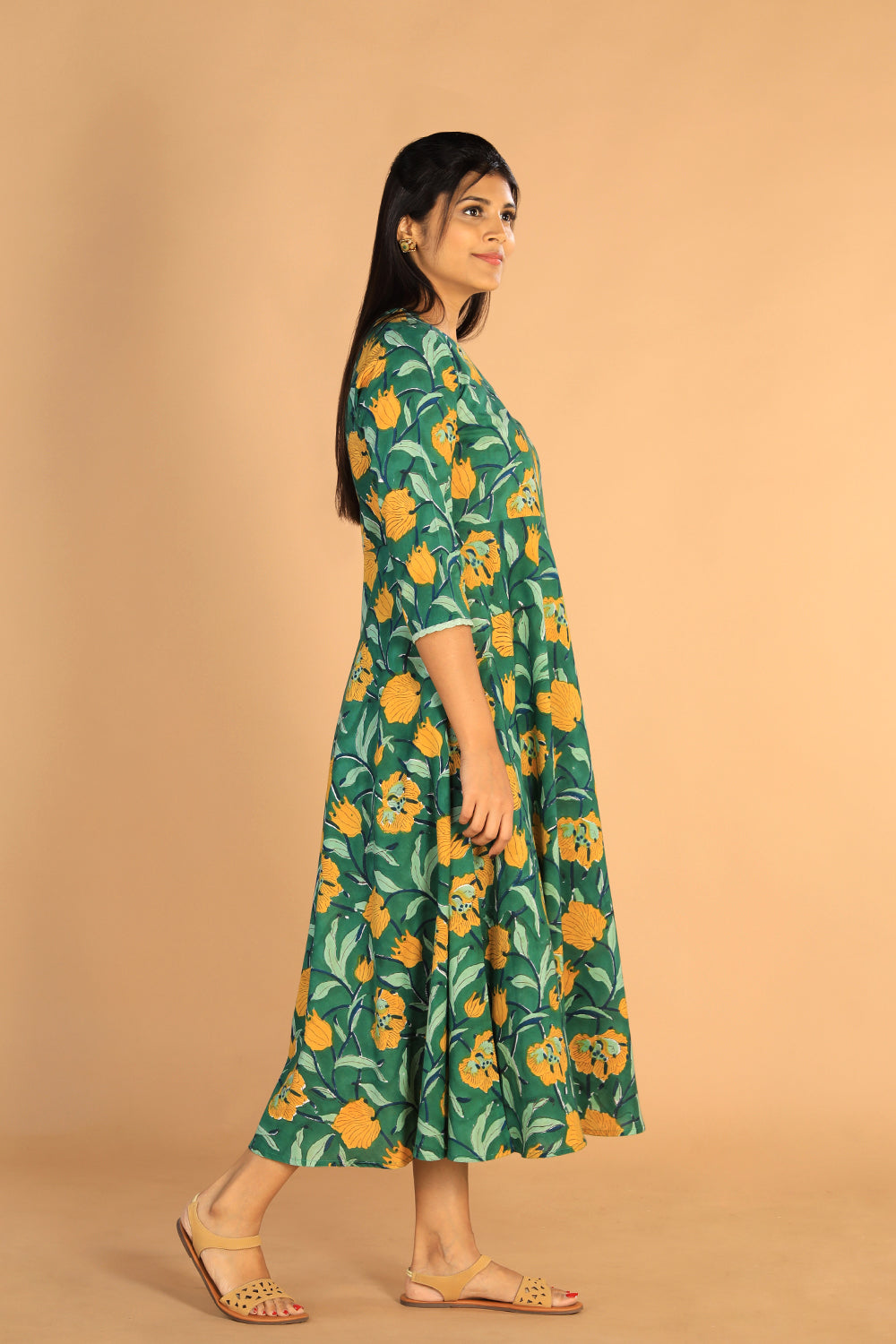 Collection of Floral Sanganeri hand block printed cotton dress in a gallery layout