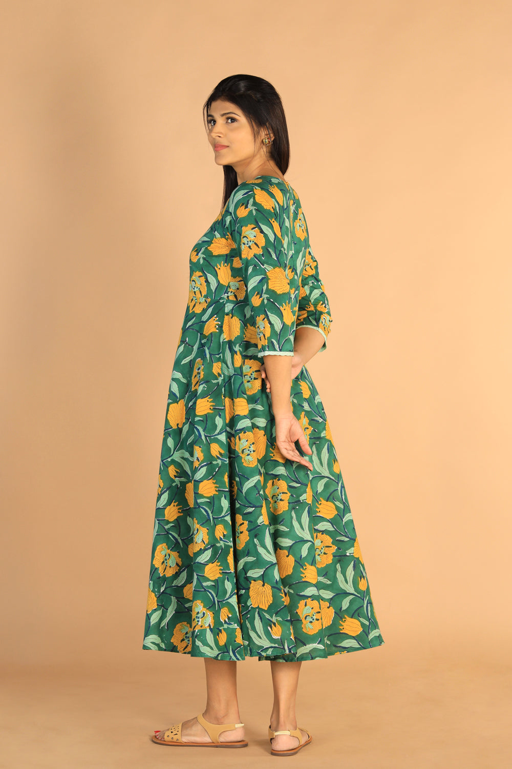 Collection of Floral Sanganeri hand block printed cotton dress in a gallery layout