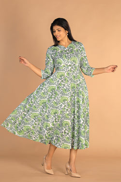 Collection of Floral Sanganeri hand block printed cotton dress in a gallery layout