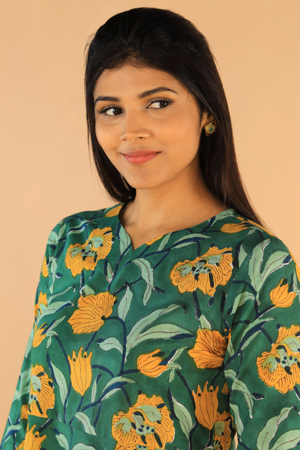 Collection of Floral Sanganeri hand block printed cotton dress in a gallery layout