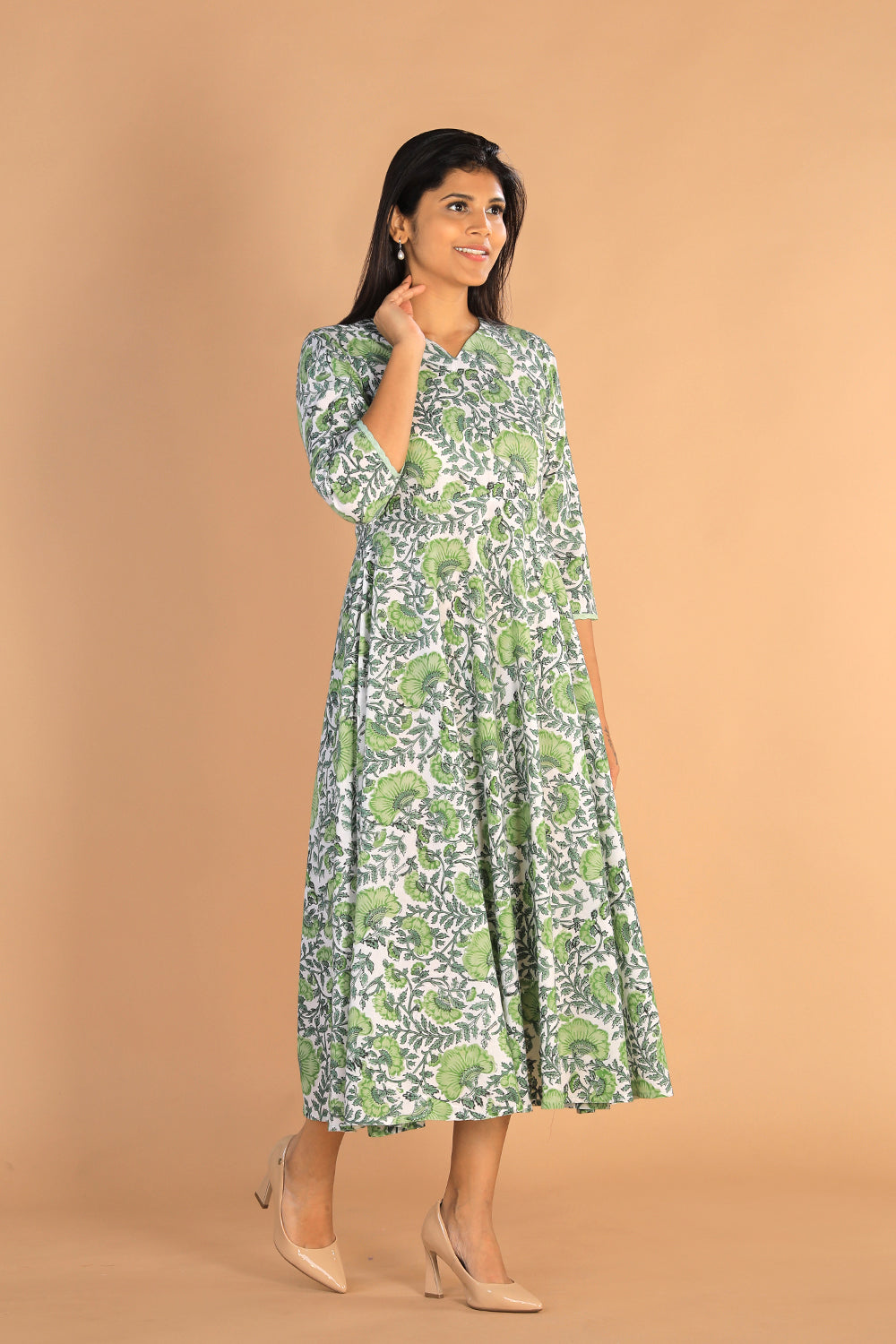 Collection of Floral Sanganeri hand block printed cotton dress in a gallery layout