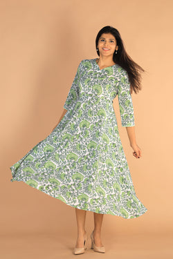 Collection of Floral Sanganeri hand block printed cotton dress in a gallery layout