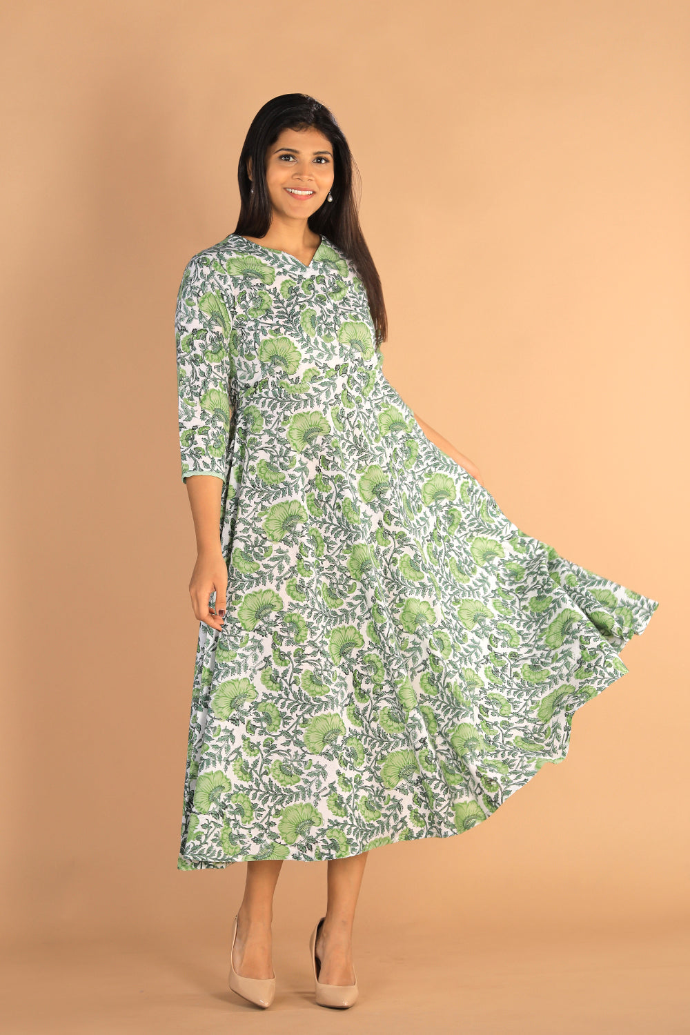 Collection of Floral Sanganeri hand block printed cotton dress in a gallery layout