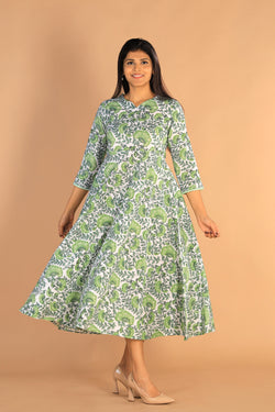 Collection of Floral Sanganeri hand block printed cotton dress in a gallery layout