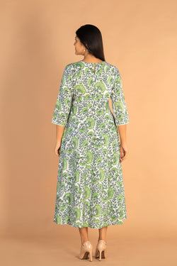 Collection of Floral Sanganeri hand block printed cotton dress in a gallery layout