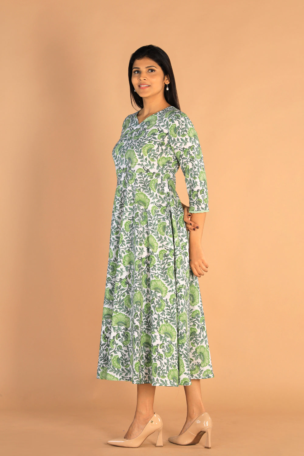 Collection of Floral Sanganeri hand block printed cotton dress in a gallery layout