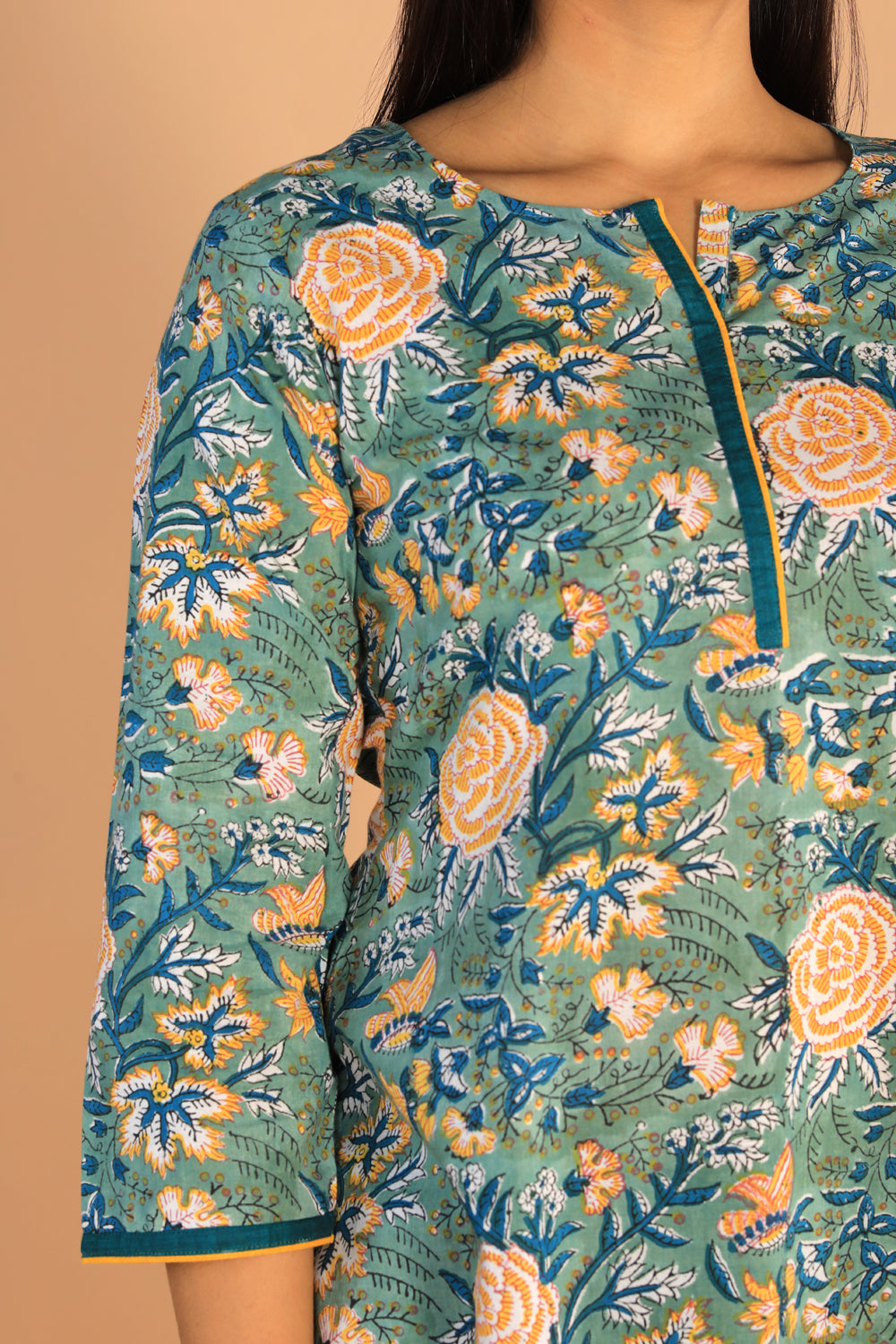 Image of Floral Sanganeri hand block printed cotton dress