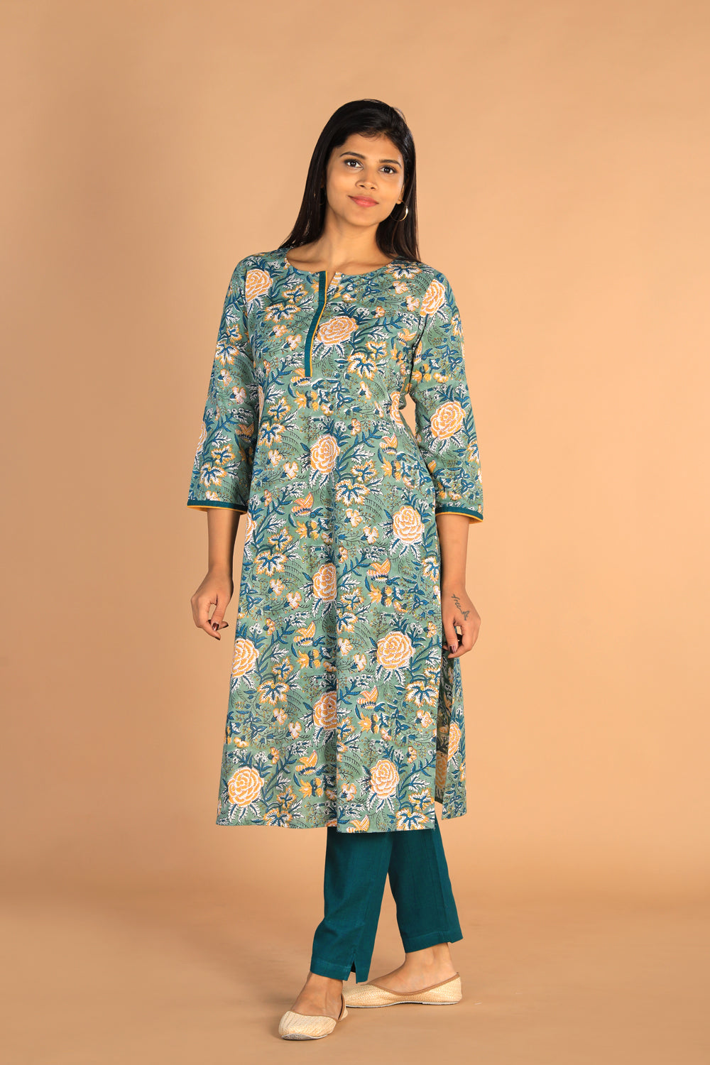 Collection of Floral Sanganeri hand block printed cotton dress in a gallery layout