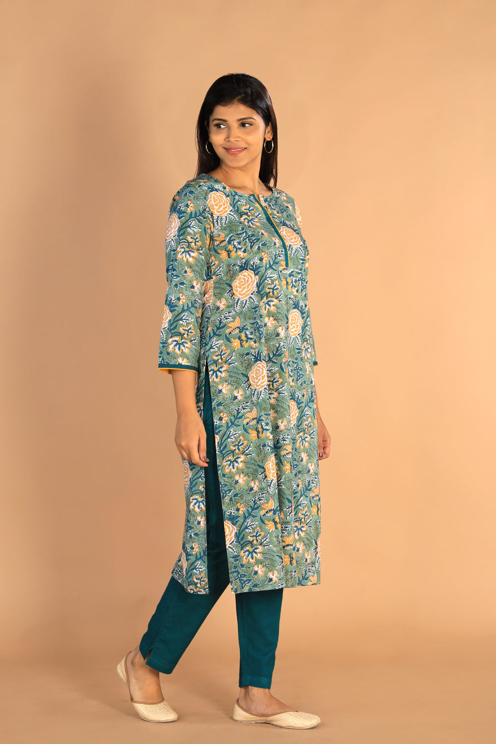 Image of Floral Sanganeri hand block printed cotton dress