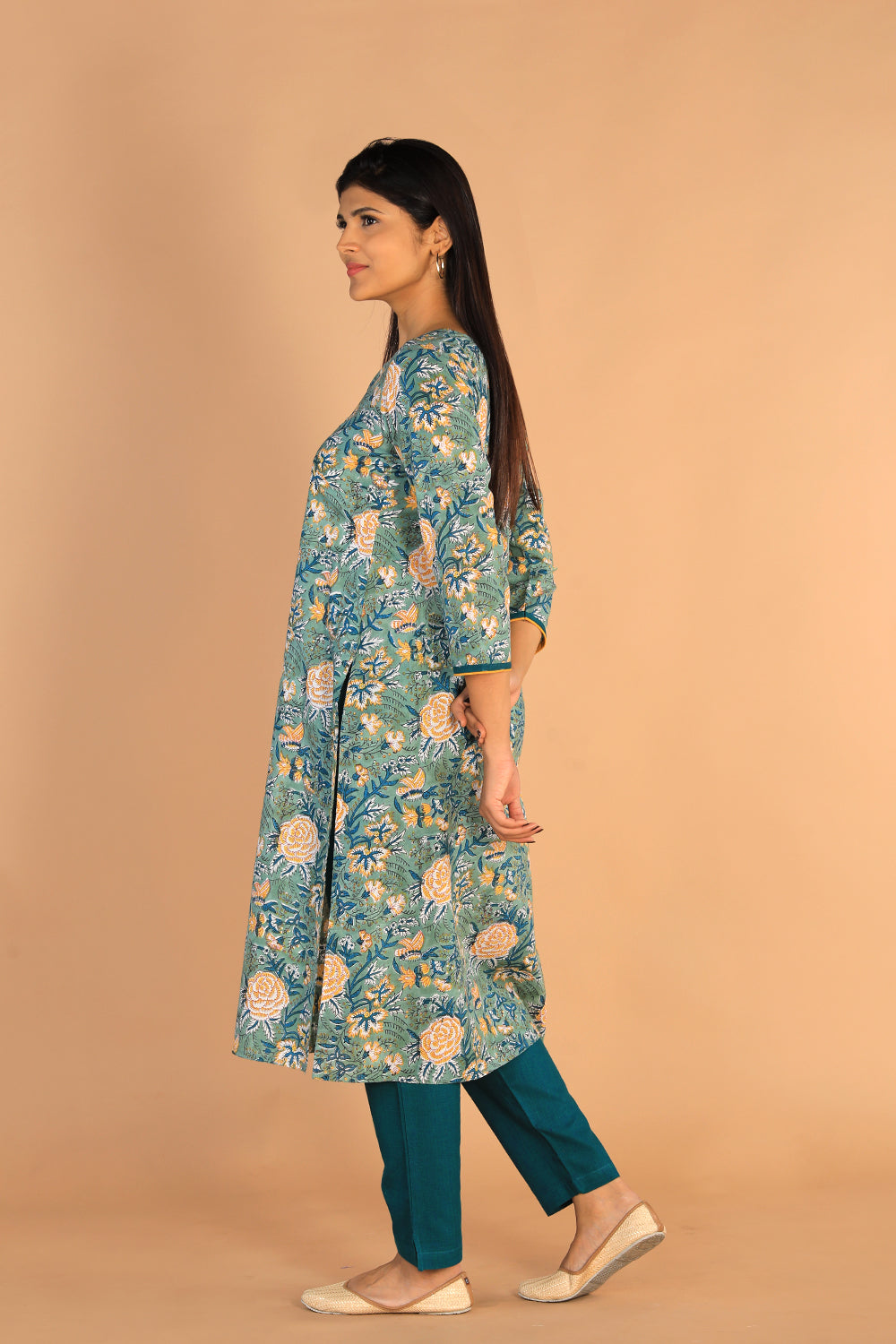 Collection of Floral Sanganeri hand block printed cotton dress in a gallery layout