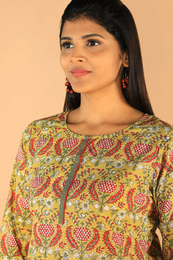 Image of Floral Sanganeri hand block printed cotton dress