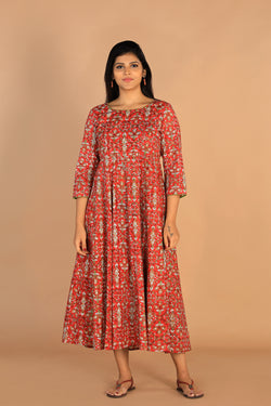 Collection of Block printed Deep red mirror embroidered Anarkali in a gallery layout