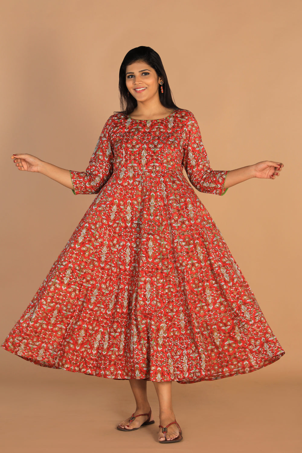 Collection of Block printed Deep red mirror embroidered Anarkali in a gallery layout