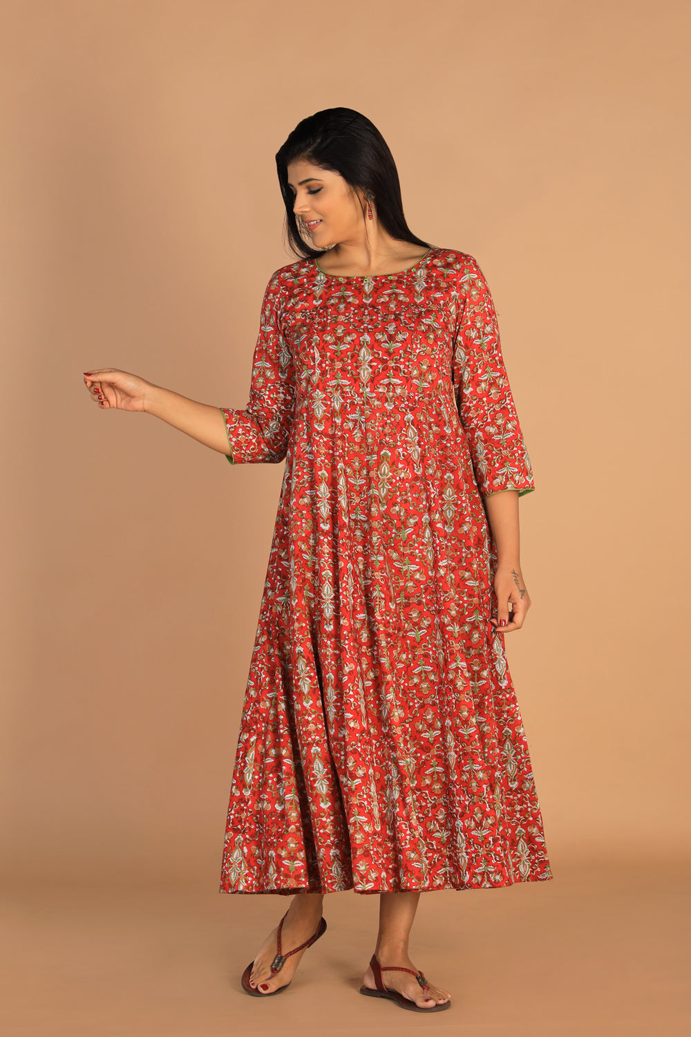 Collection of Block printed Deep red mirror embroidered Anarkali in a gallery layout