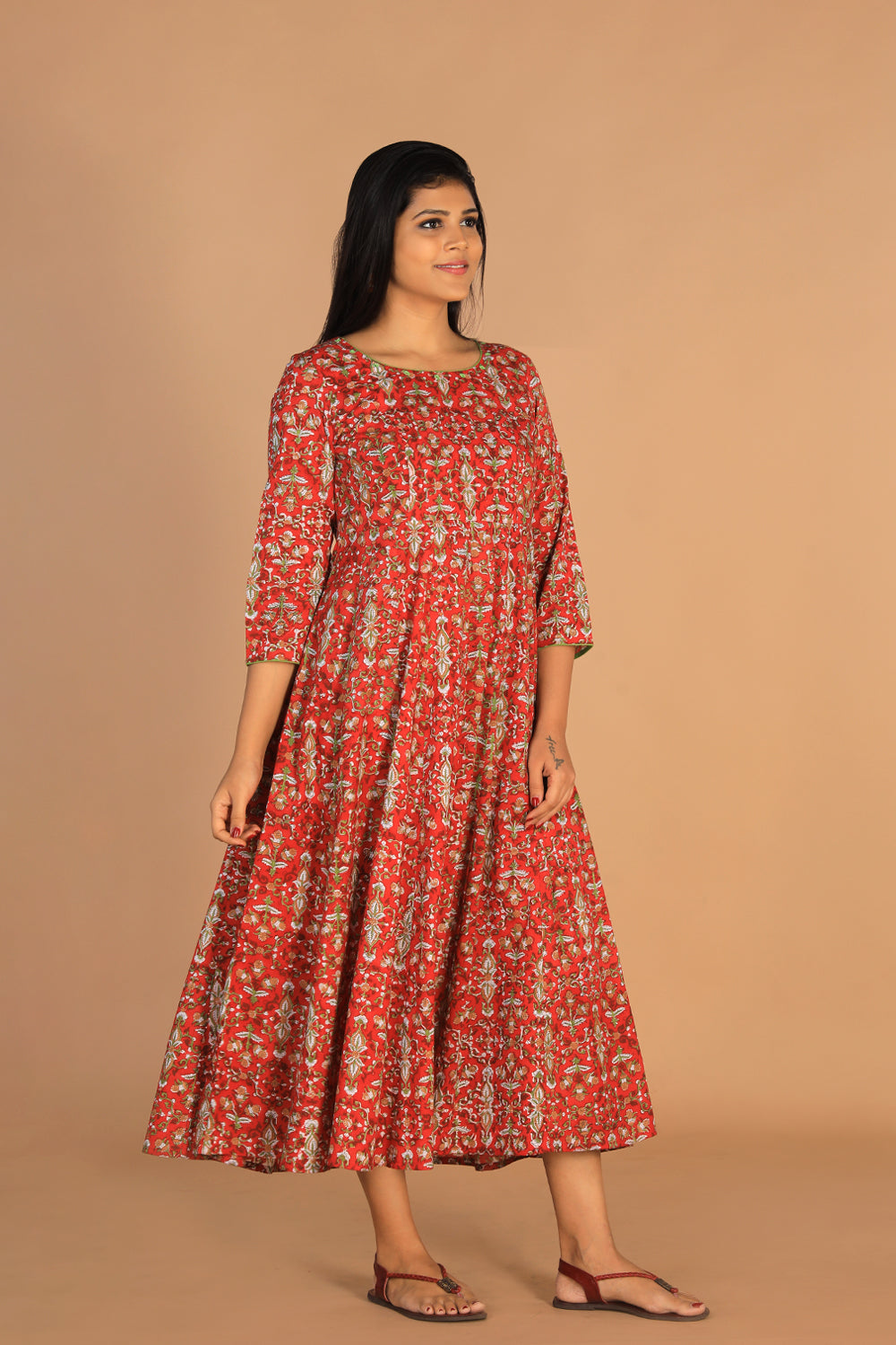 Collection of Block printed Deep red mirror embroidered Anarkali in a gallery layout