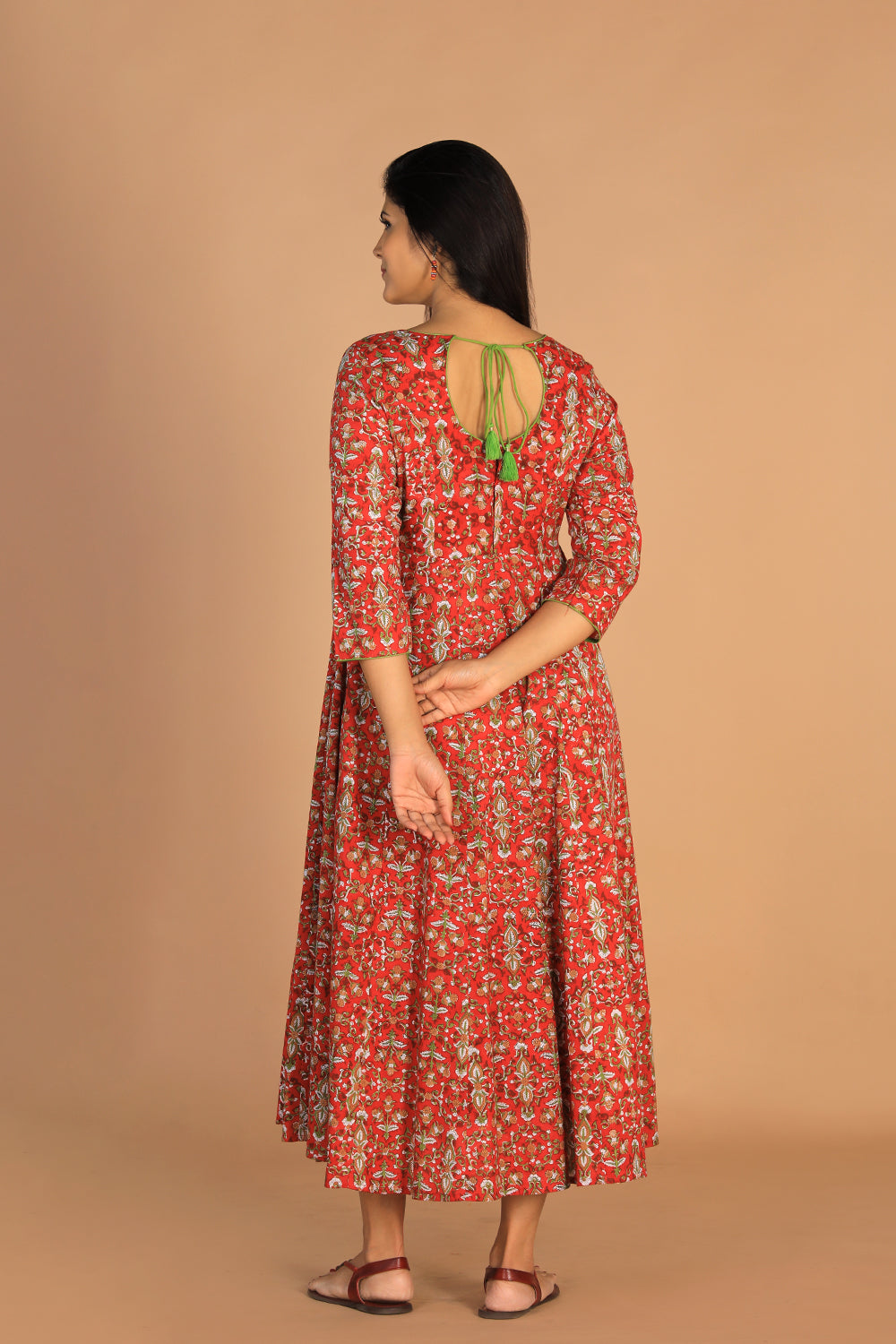 Collection of Block printed Deep red mirror embroidered Anarkali in a gallery layout