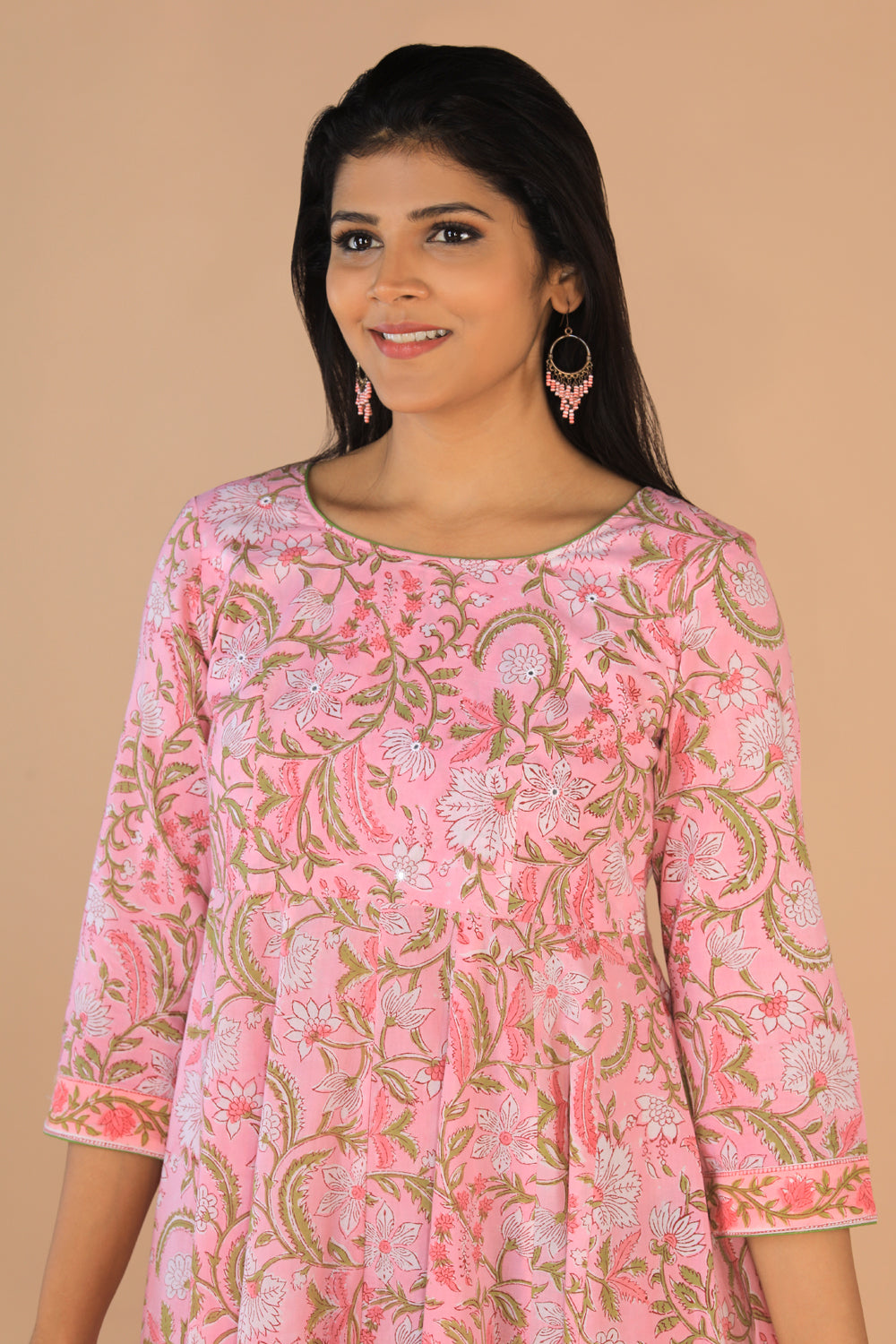 Collection of Block printed Rose pink  mirror embroidered Anarkali in a gallery layout