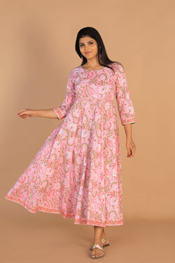 Collection of Block printed Rose pink  mirror embroidered Anarkali in a gallery layout