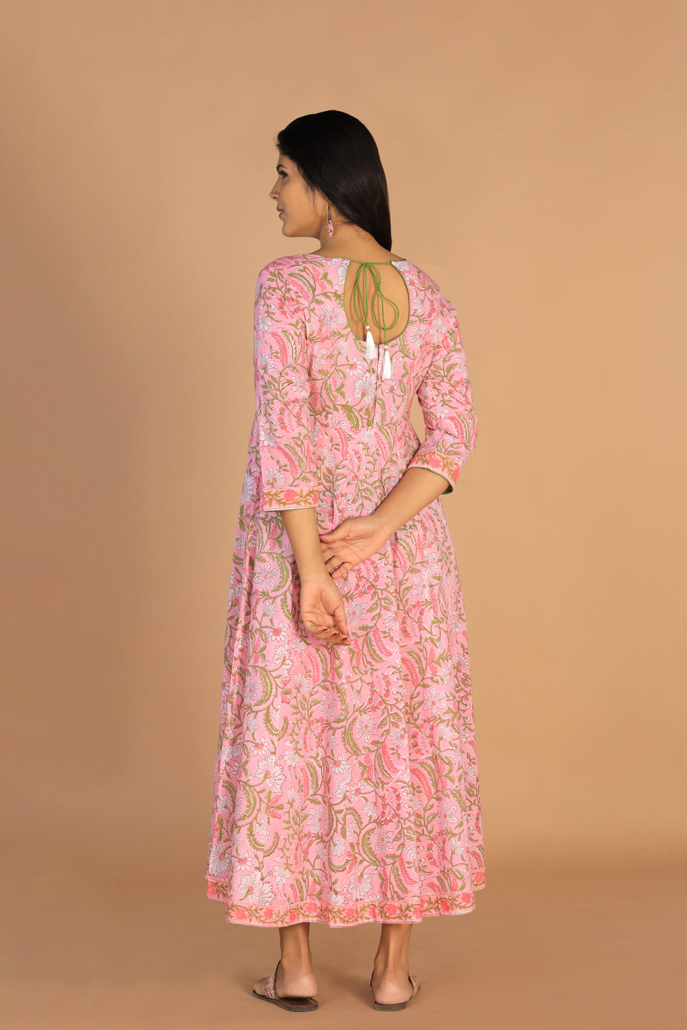 Collection of Block printed Rose pink  mirror embroidered Anarkali in a gallery layout