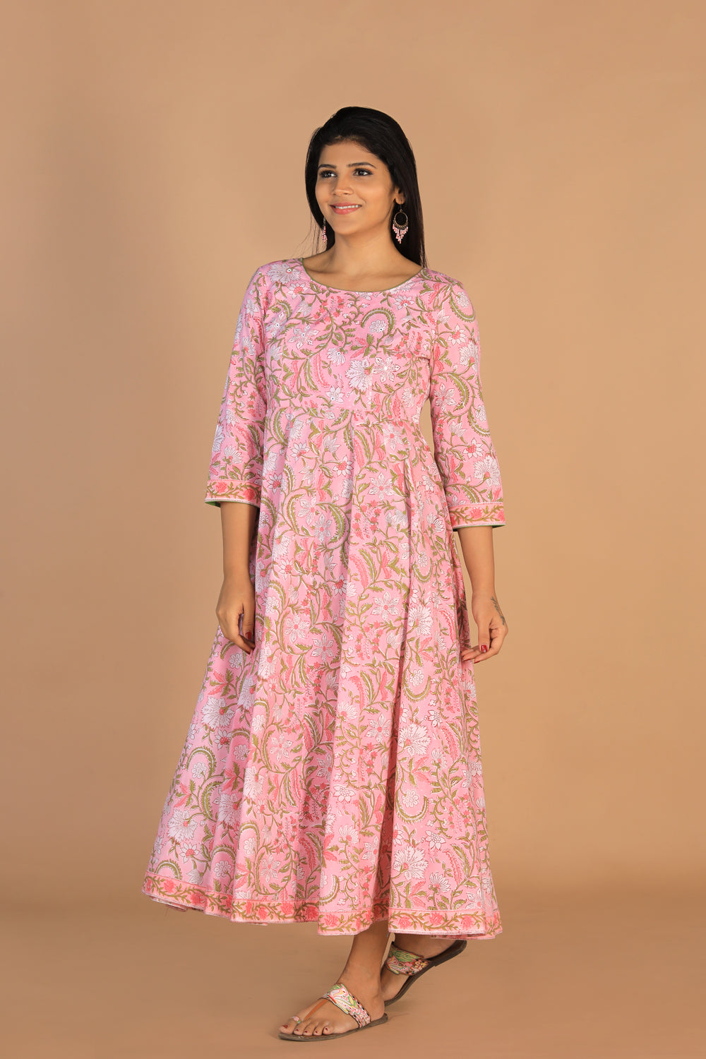 Collection of Block printed Rose pink  mirror embroidered Anarkali in a gallery layout