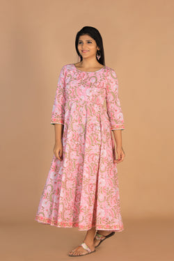 Collection of Block printed Rose pink  mirror embroidered Anarkali in a gallery layout