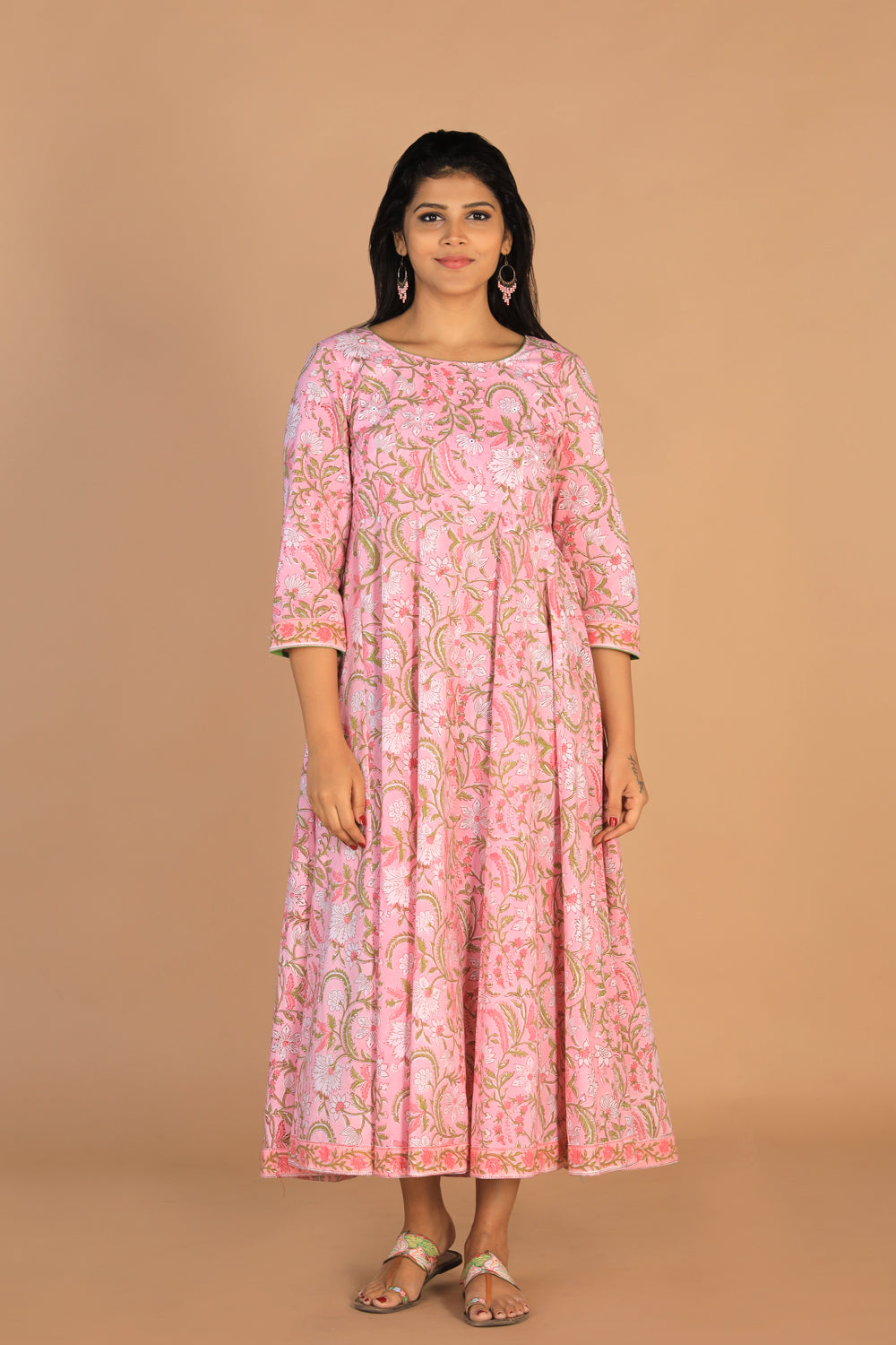 Collection of Block printed Rose pink  mirror embroidered Anarkali in a gallery layout