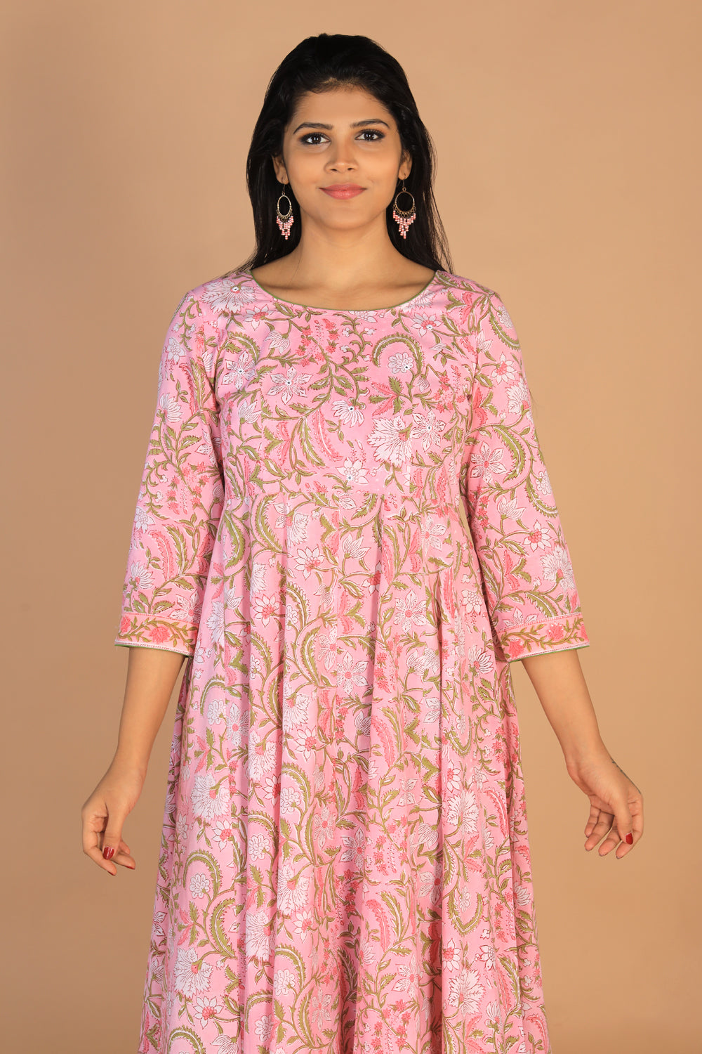 Collection of Block printed Rose pink  mirror embroidered Anarkali in a gallery layout